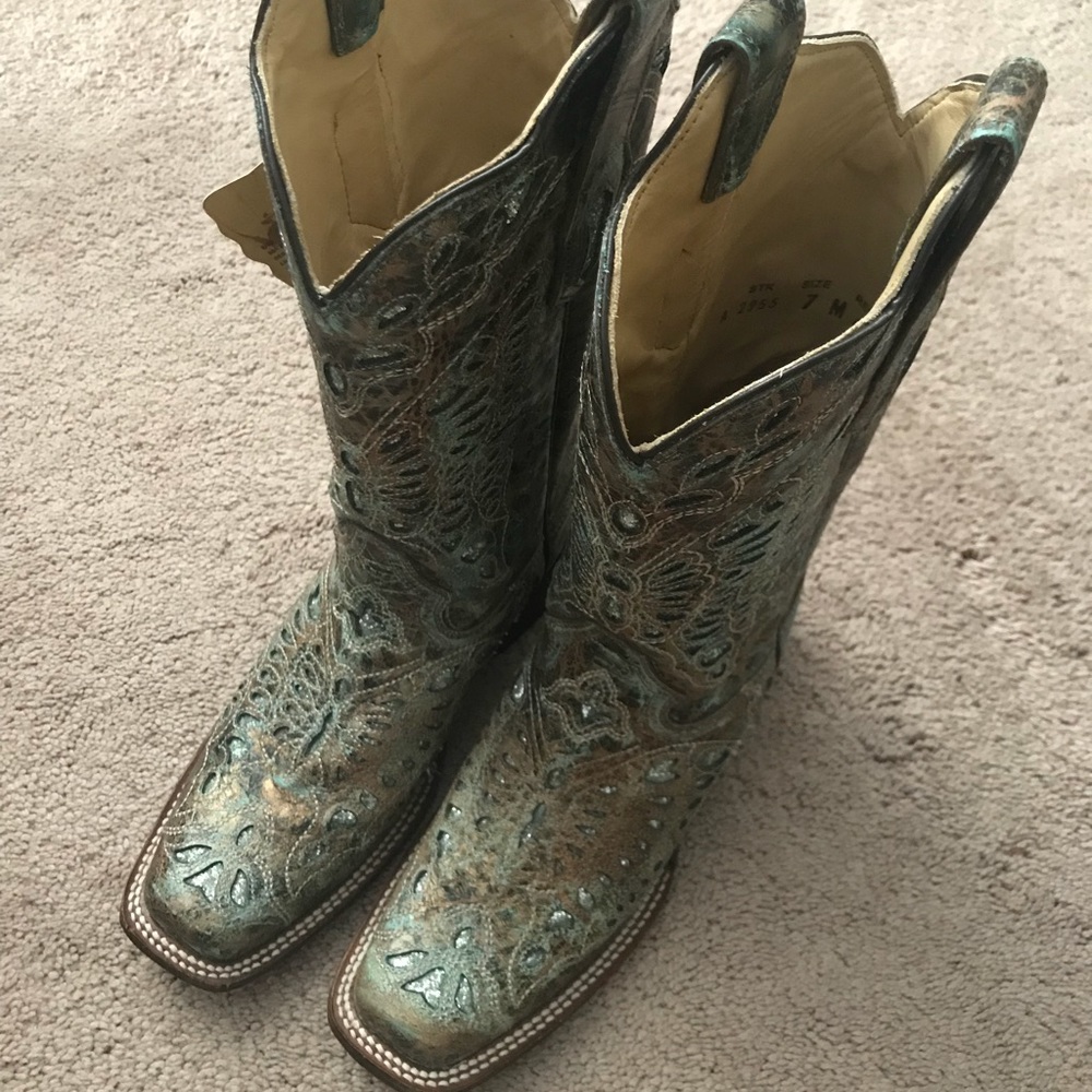 Blue Accented Vintage Real Leather Cowboy Boots
